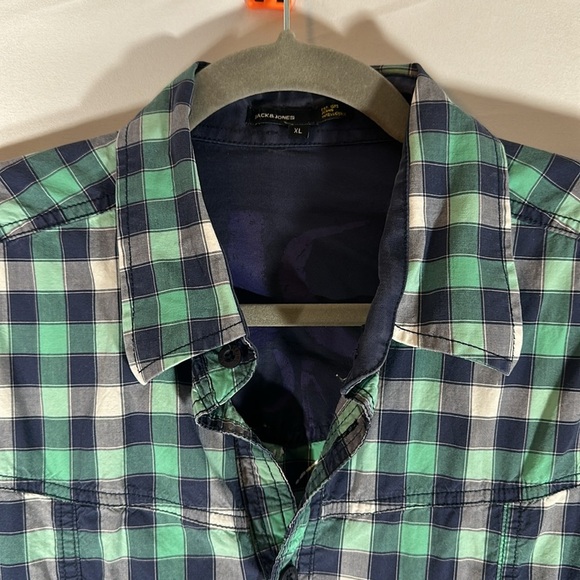 Jack & Jones Blue, Green & White Checkered Plaid Long Sleeve Button Down Shirt - Picture 6 of 8